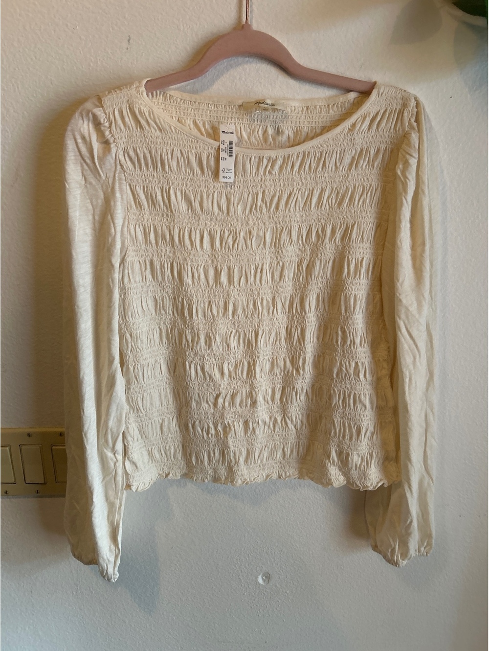 Madewell Cream Long Sleeve Smocked Top Size Large